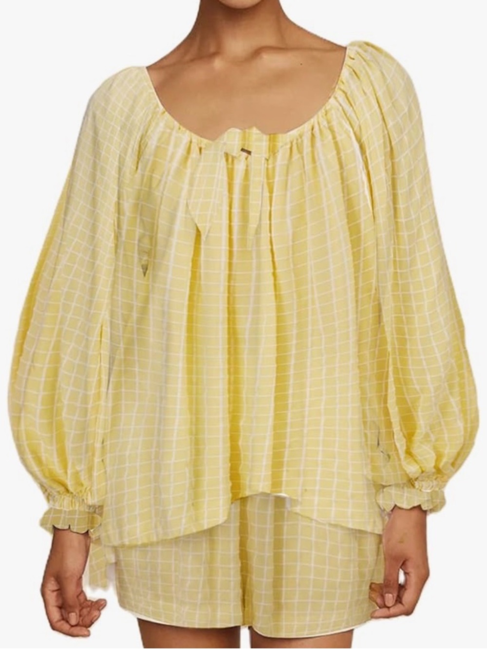 Max Studio Yellow Windowpane Peasant Blouse